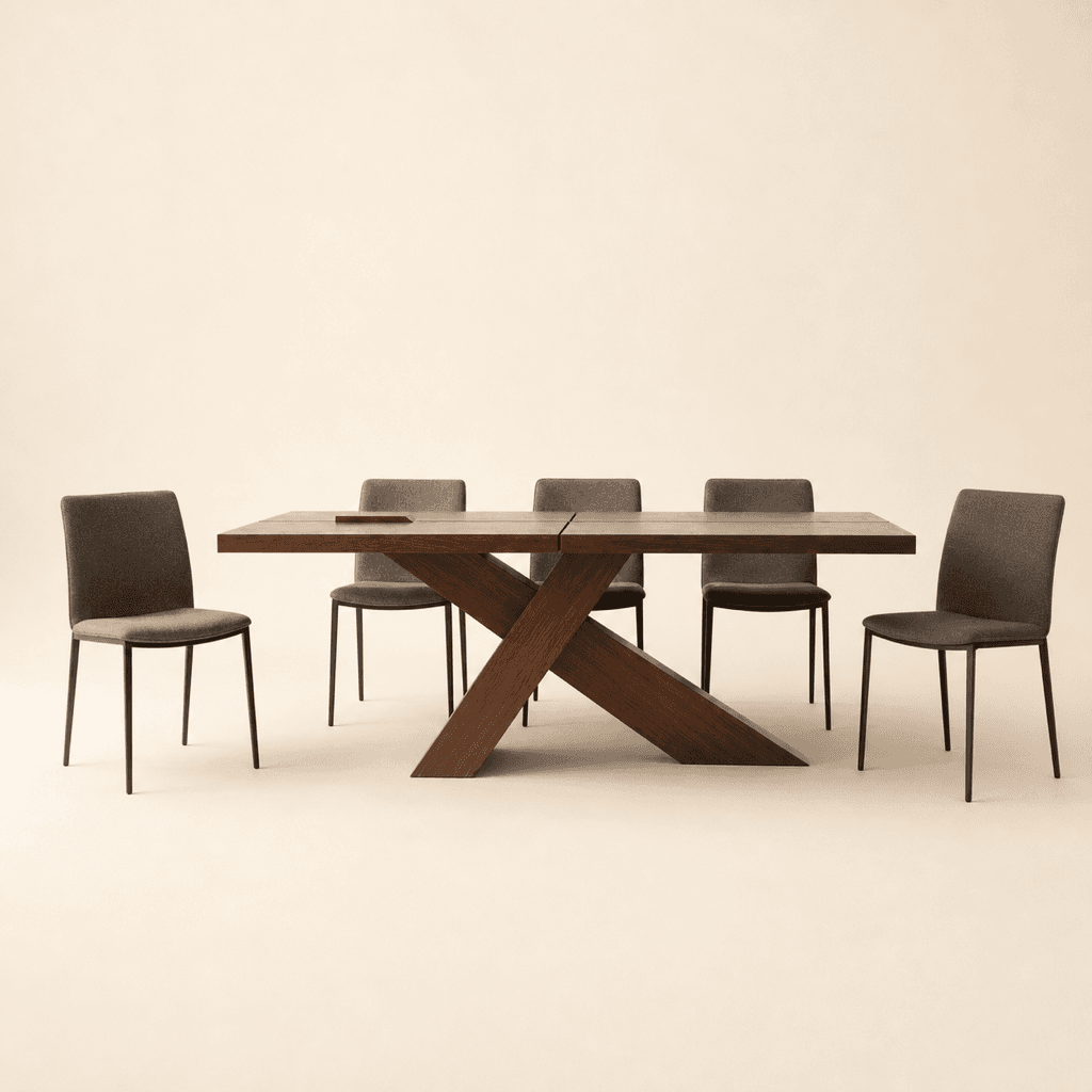 The Xavier Dining Table in Tasmanian Oak on crossed trestle legs, with six chairs