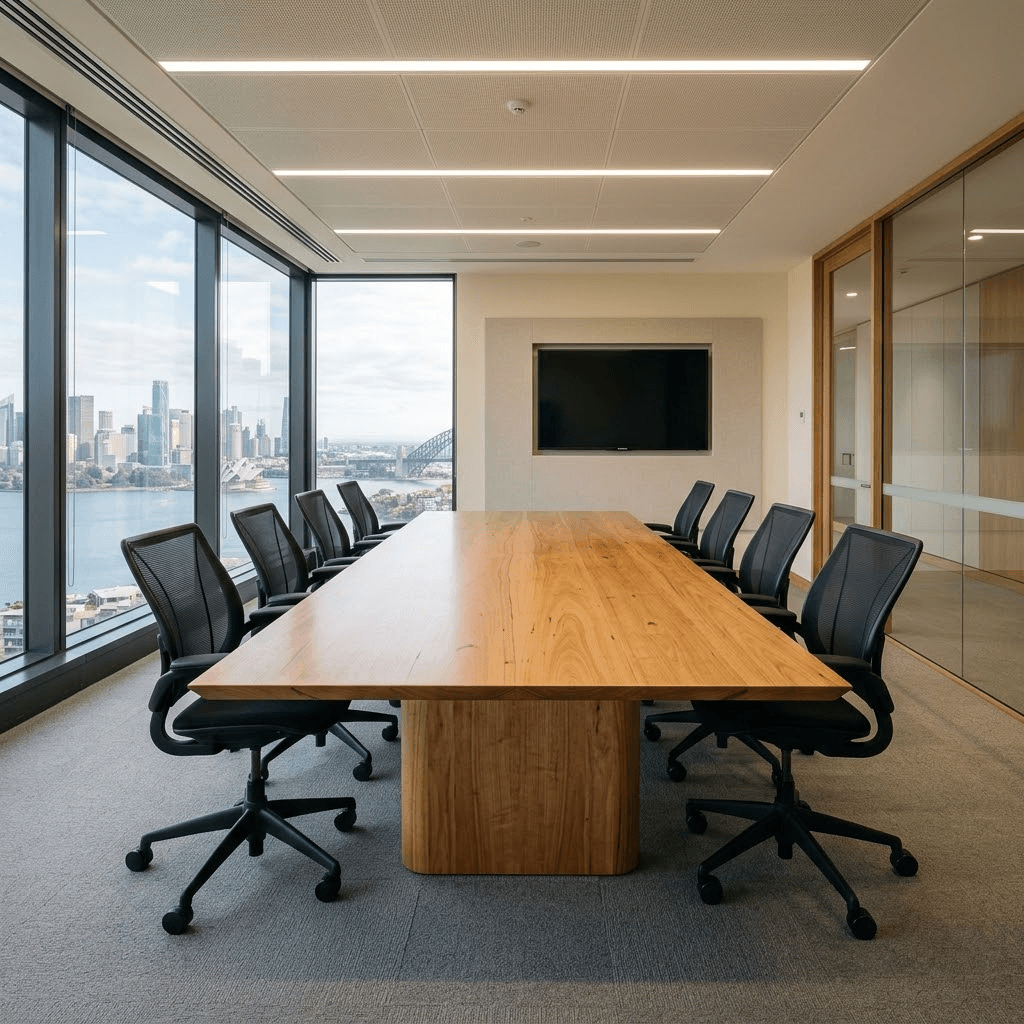 Custom boardroom table with a book-matched solid timber top on a sculpted plinth base