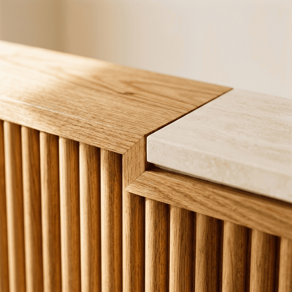 Detail of a fluted solid blackbutt counter front meeting a honed stone top