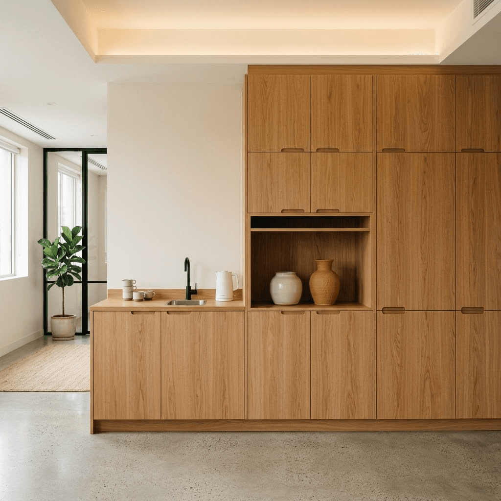 Full-height office storage wall and tea-point cabinetry in Australian oak with recessed finger pulls