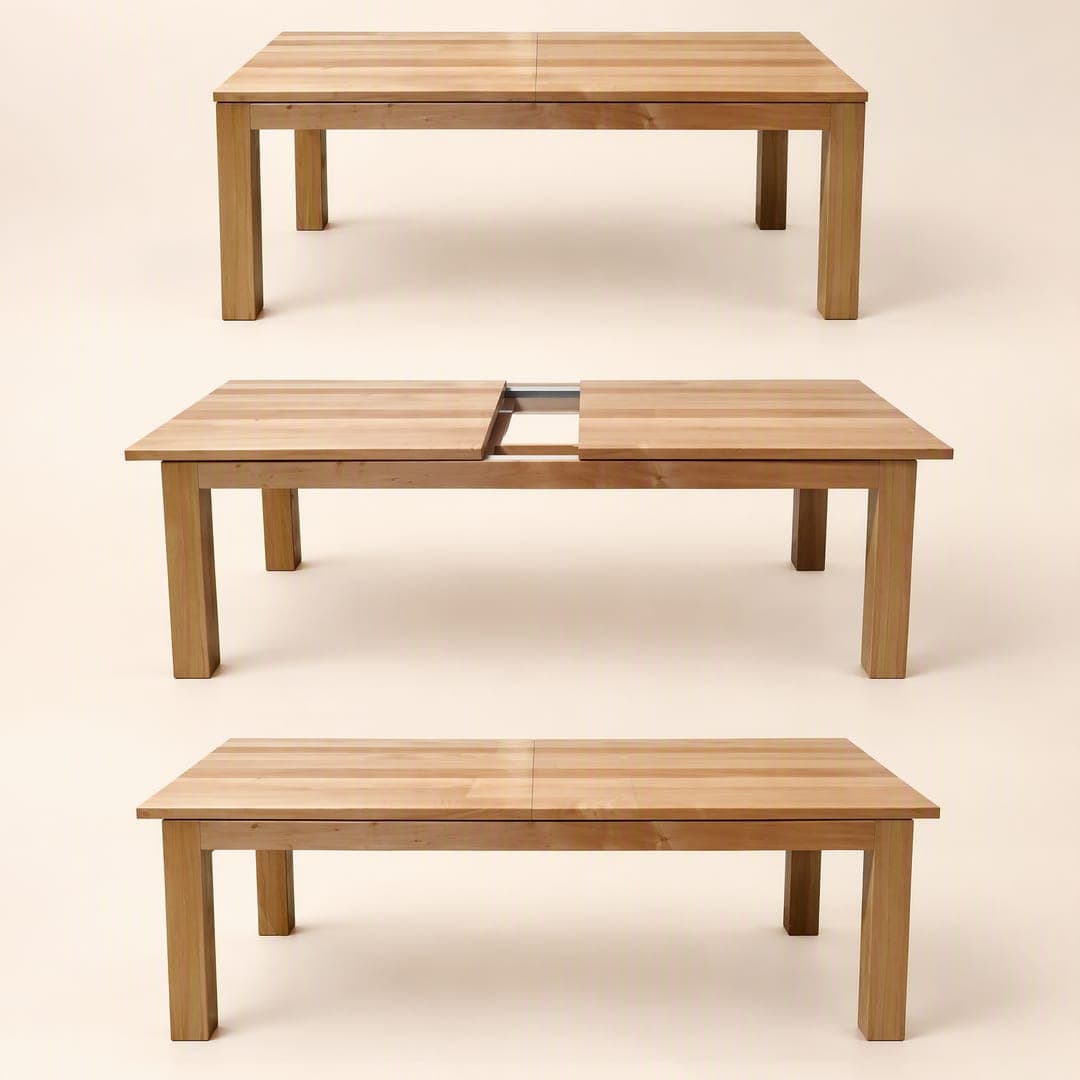 A Tasmanian Oak extension dining table shown closed, opening and fully extended