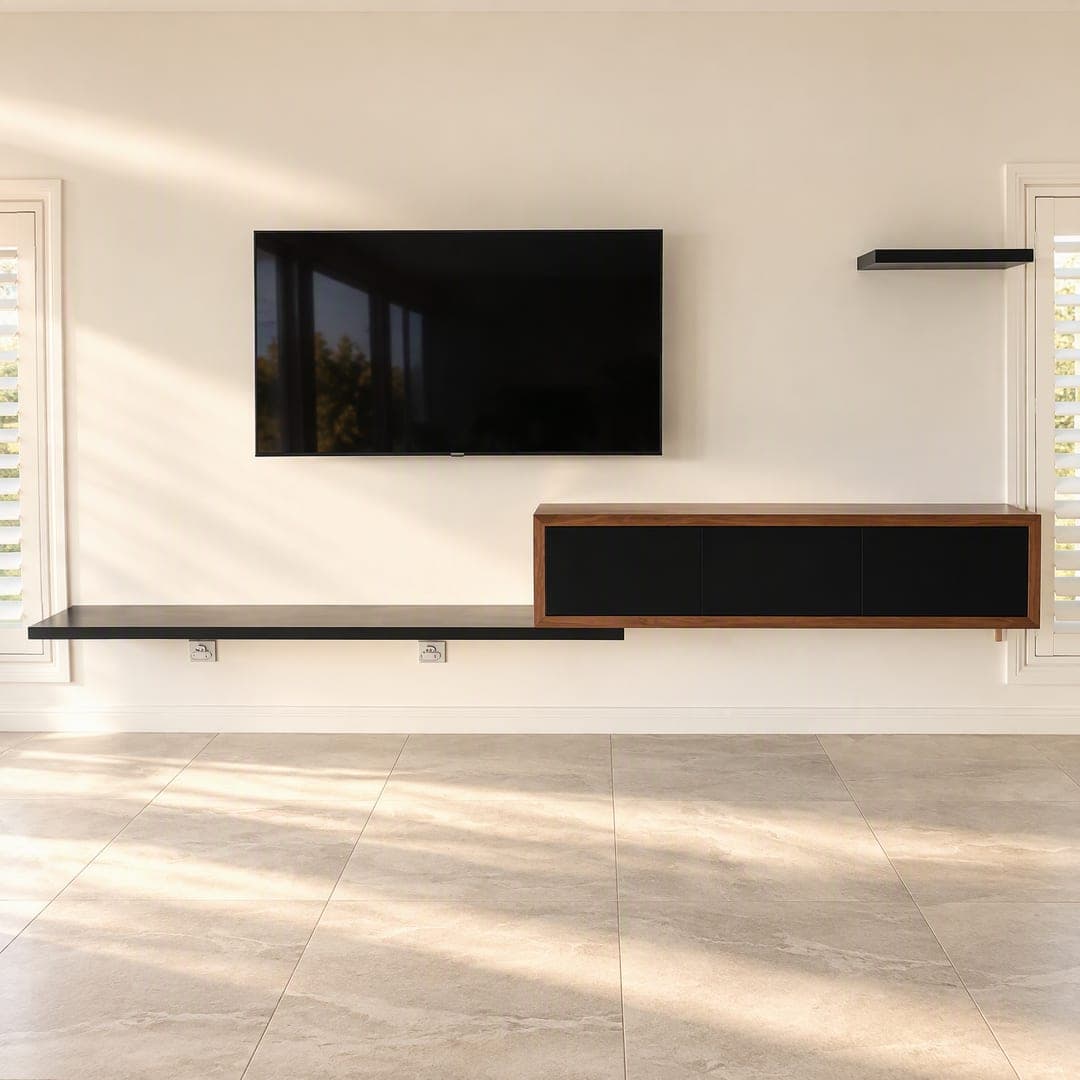A floating TV unit and a long wall shelf mounted under a wall-hung TV