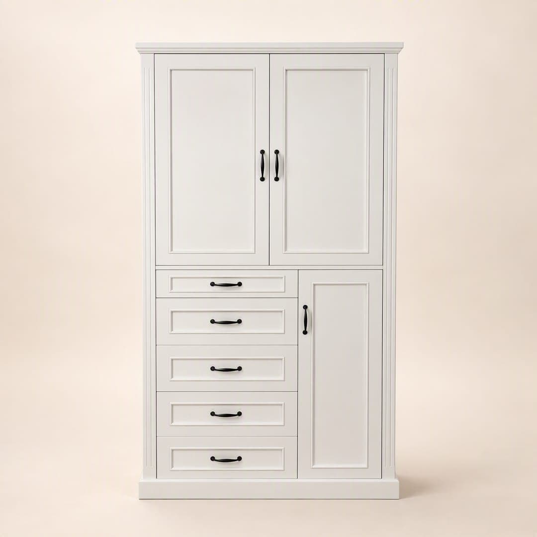 A tall white linen cupboard with a double-door top over a bank of drawers
