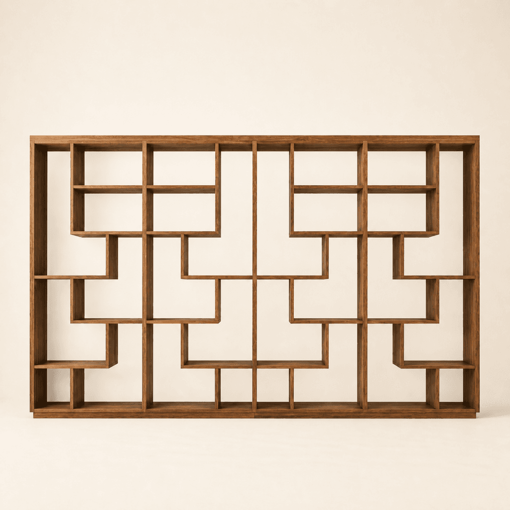The Atlas Wall Shelf in Tasmanian Oak, a lattice of open compartments