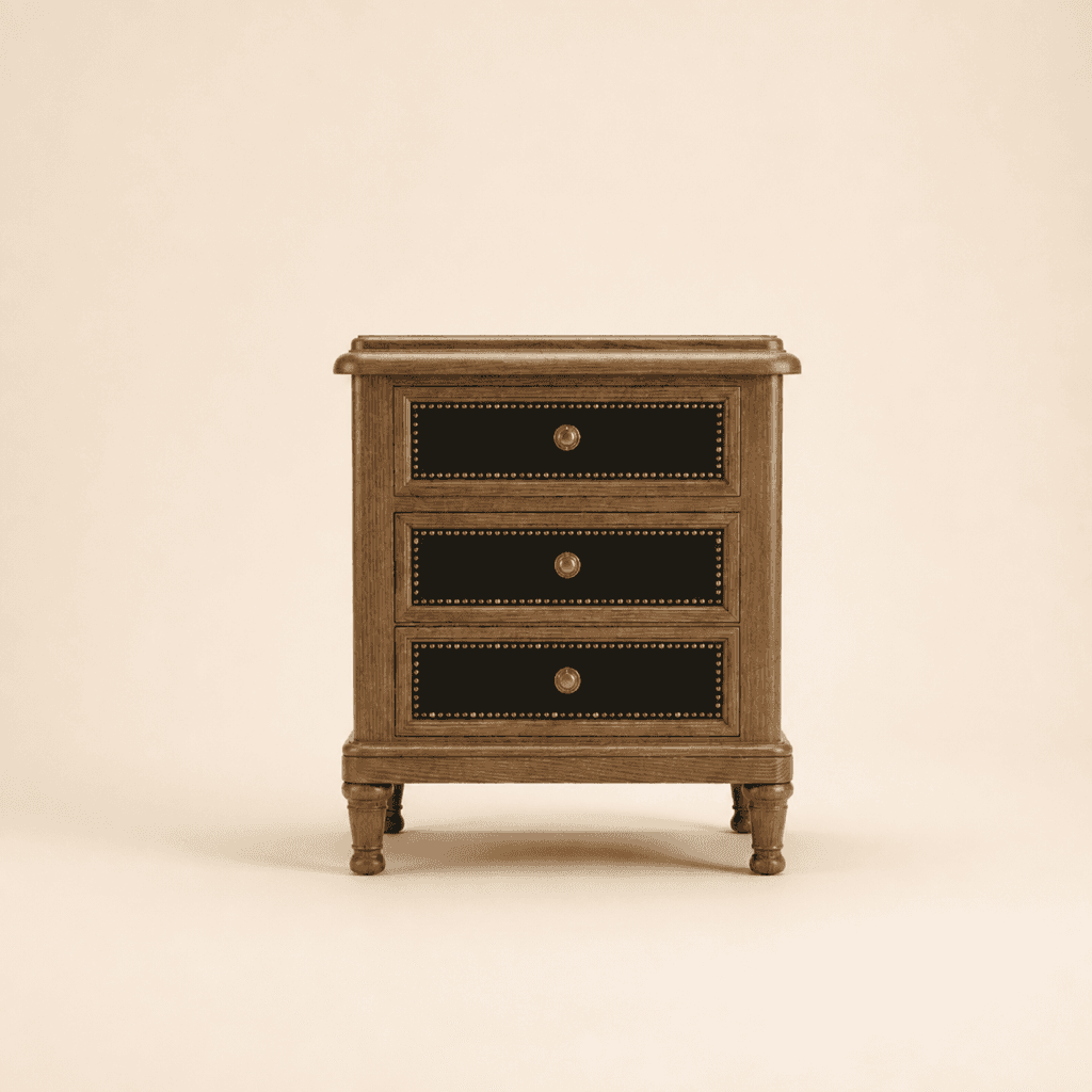 The Belmont Bed Side in Tasmanian Oak: three dark drawer fronts on turned feet