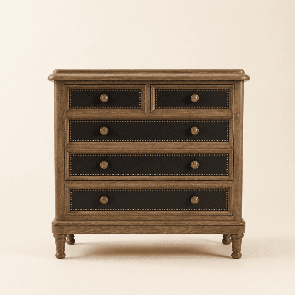 The Belmont Tall Boy: five black drawer fronts with stud trim on turned feet