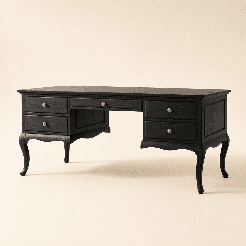 The Colette Writing Desk in a black finish, with five drawers on curved legs