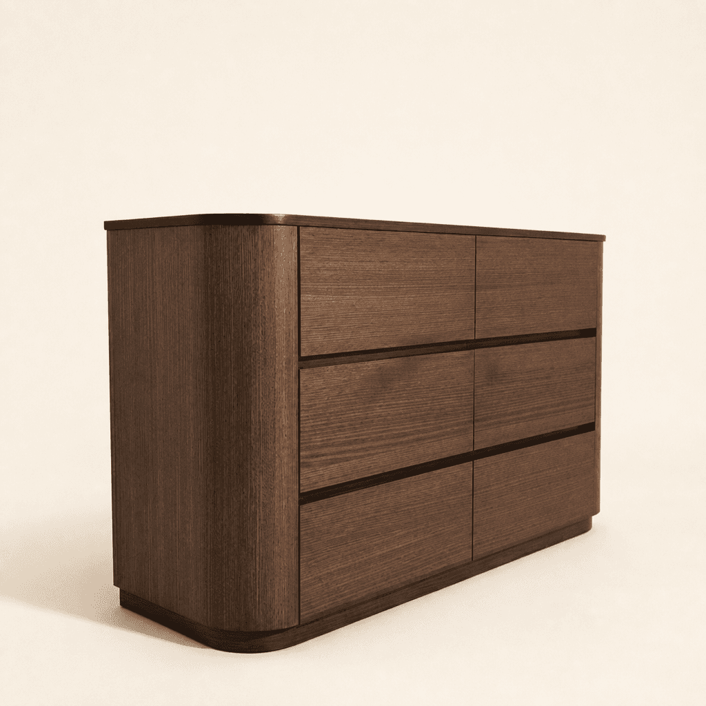 The Freycinet Tallboy, six handleless drawers in a softly rounded Tasmanian Oak case