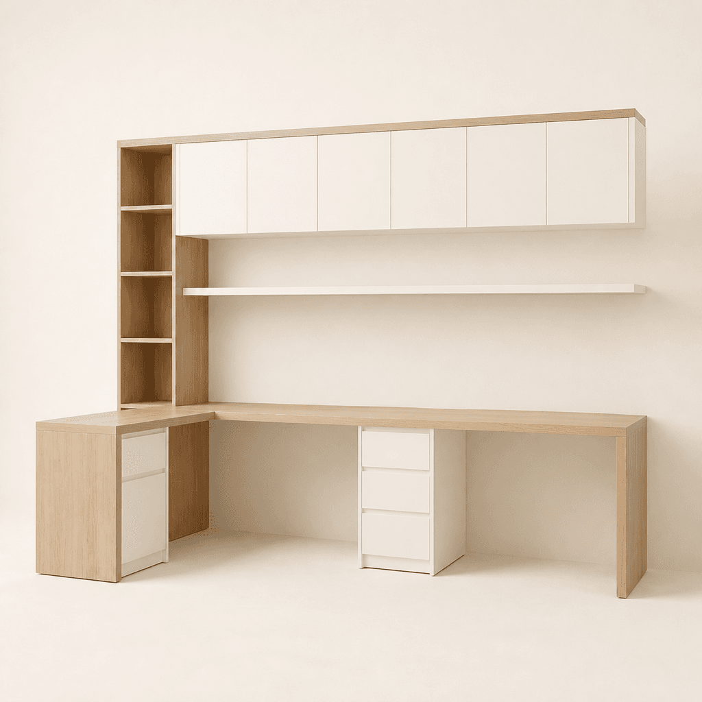 The Kanso Workstation Suite: an L-shaped Tasmanian Oak desk and shelving with white painted cupboards