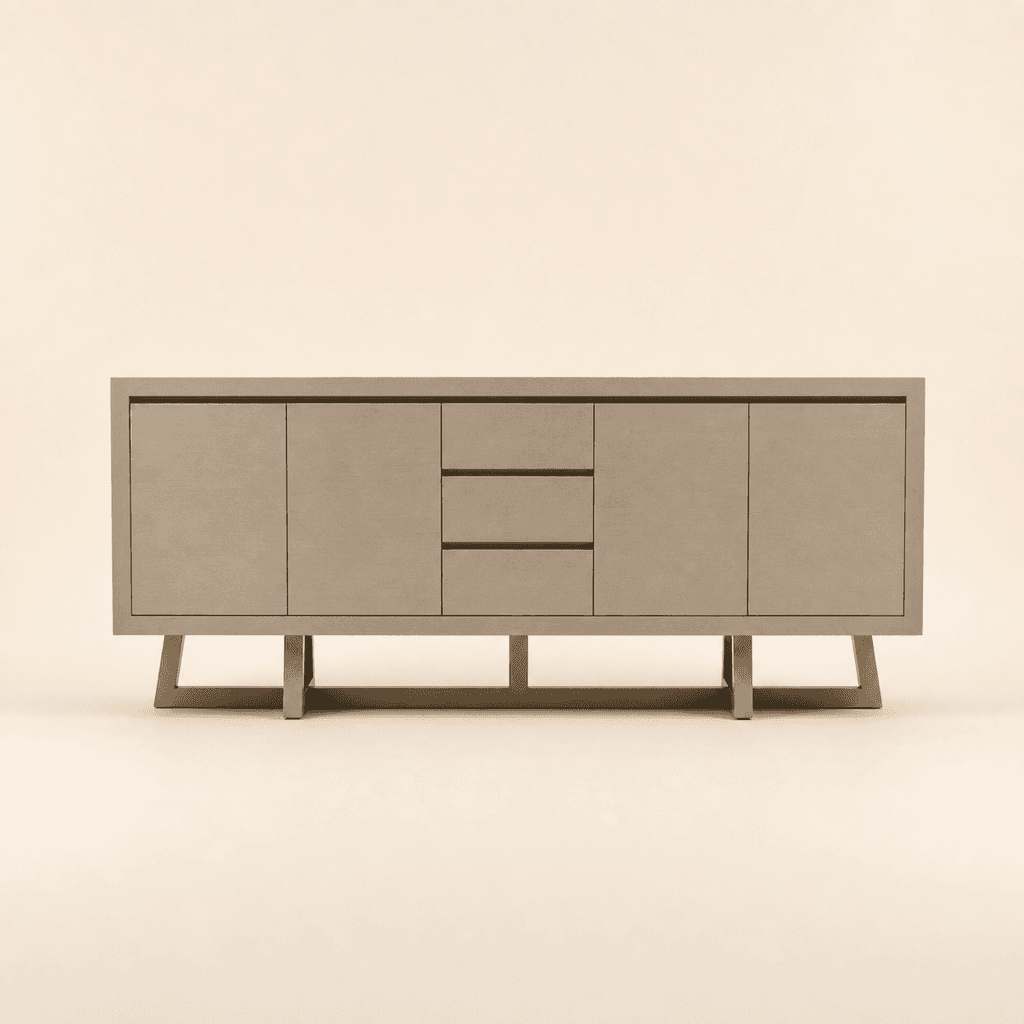The Elise Sideboard: grey doors and three drawers on a slim open base