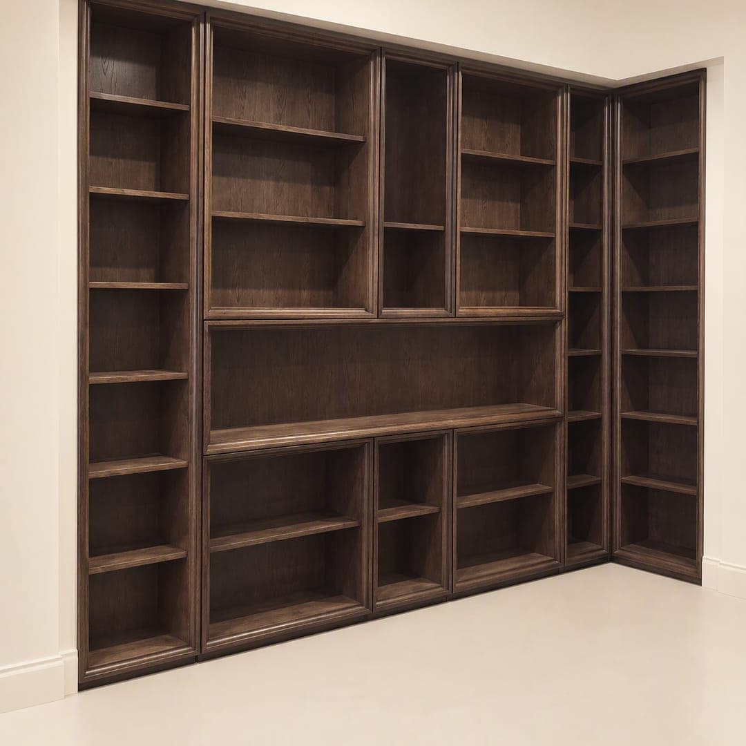 The Burwood Library Wall Unit: floor-to-ceiling open shelving in dark timber, turning a corner