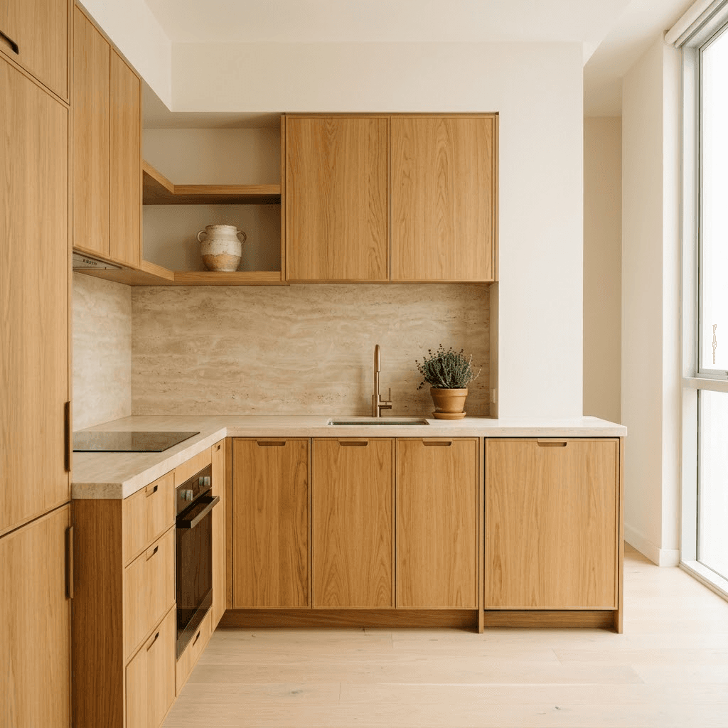 An apartment kitchen in oak with a stone benchtop