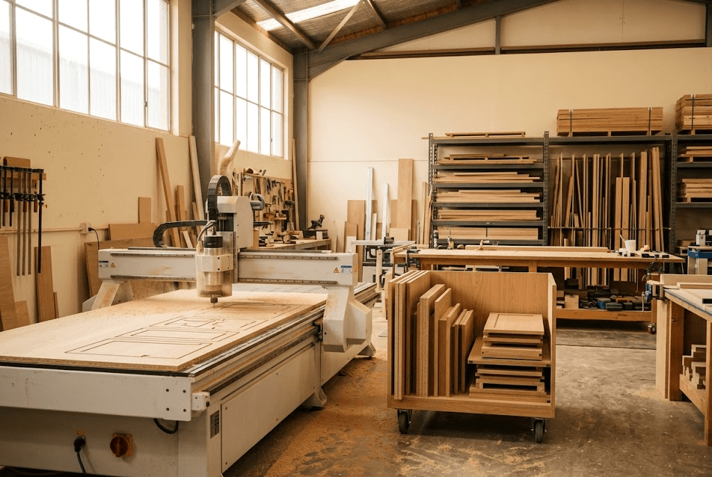 Flatbed CNC router machining oak-veneered board on the floor of the Goldenwood joinery workshop