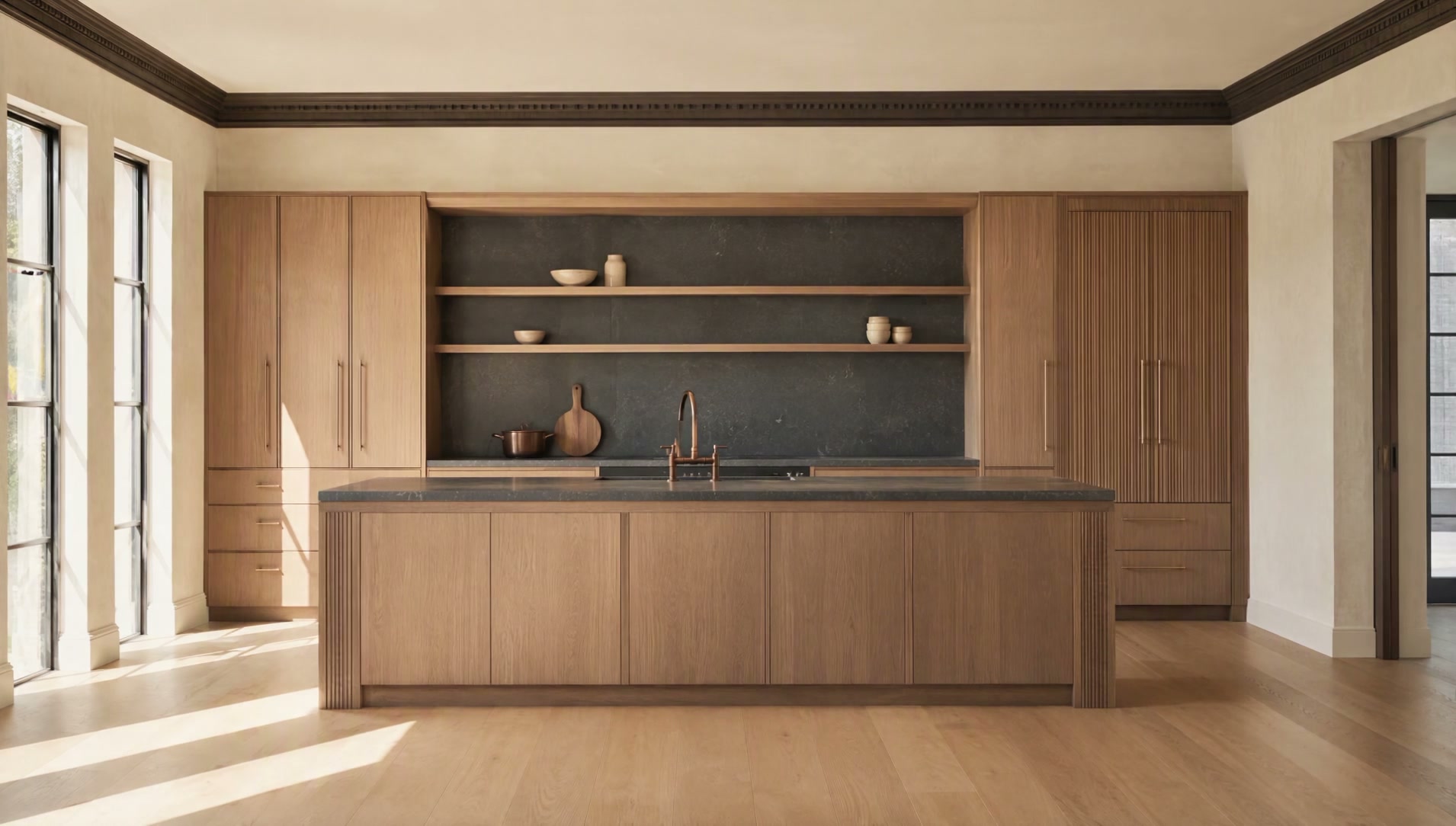 A fitted solid oak kitchen: full-height cabinetry, an island and open shelving in fumed oak. The hero then cycles through a dining room, living room, dressing room and bedroom.